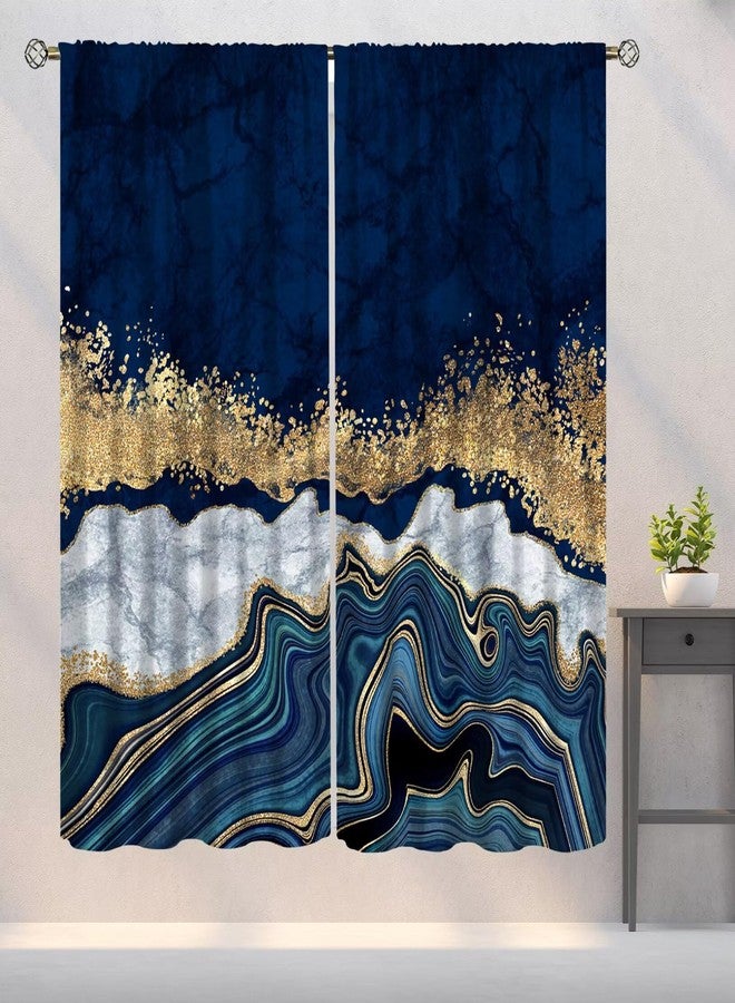 YSWOW Navy Blue Marble Blackout Curtains Abstract Modern Silver Gold Cracked Art Printed Window Drapes for Bedroom Room Decor Fabric 2 Panel 42x45 Inch 30% Shading Rate - Image 1
